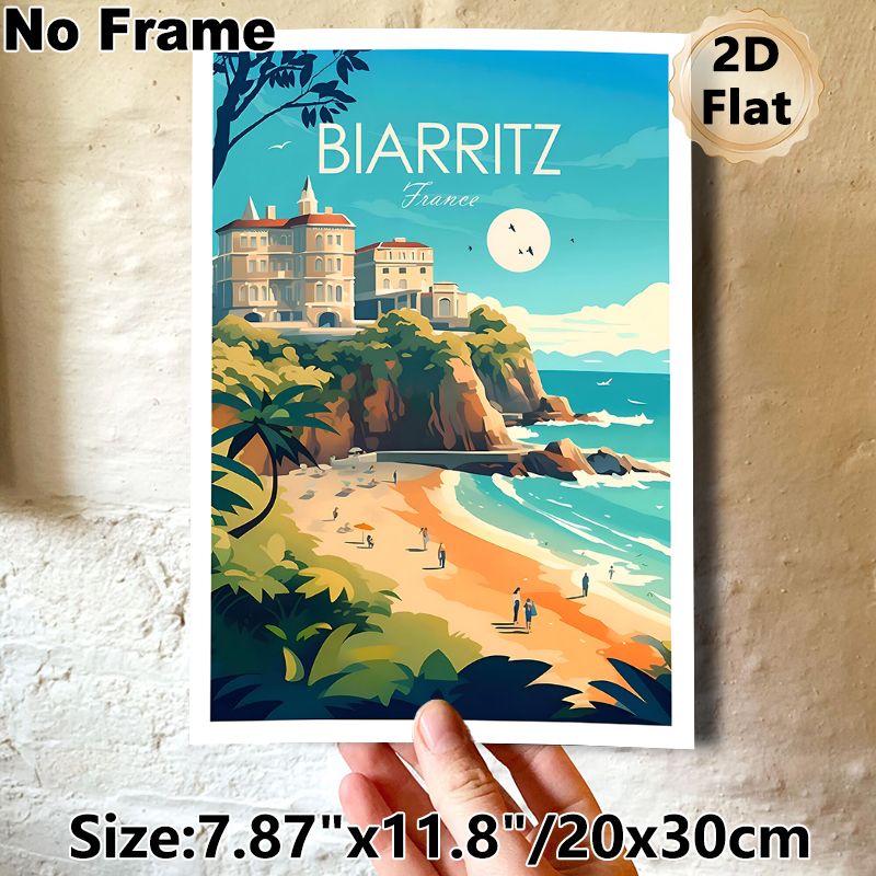 Biarritz France Coastal Painting Poster, Vibrant Retro Travel Style Poster, Scenic Beach With Cliff-top Buildings Design, Ideal For Living Room_maomaolike.com