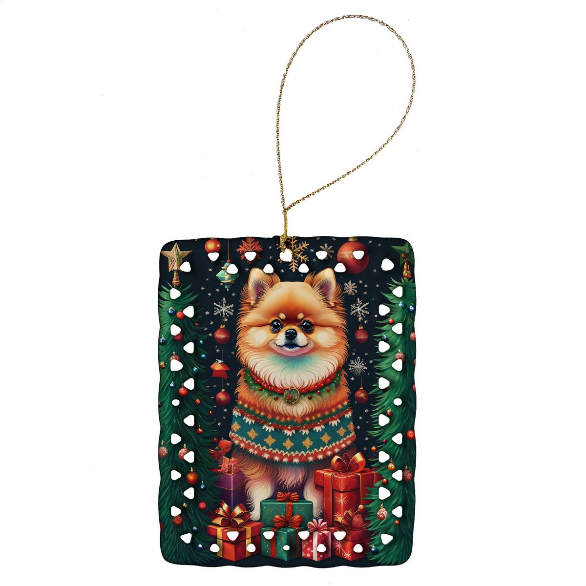 Pomeranian Holiday Christmas Porcelain Ornament Christmas Tree Hanging Decorations For Home Christmas Holiday, Rectangle, Gift, Multicolor_maomaolike.com