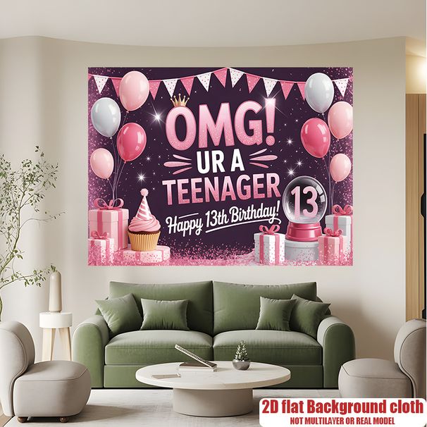 Pink Glitter 13th Birthday Banner - 2D Flat Polyester Wall Hanging With Number 13, Teen Room Party Decor, Photo Props_maomaolike.com