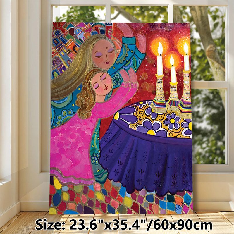 Two Embracing Female Figures With Lit Candles Painting Poster, Vibrant Whimsical Folk Art Style Poster, Rich Textured Colorful Decorative Piece, Ideal_maomaolike.com