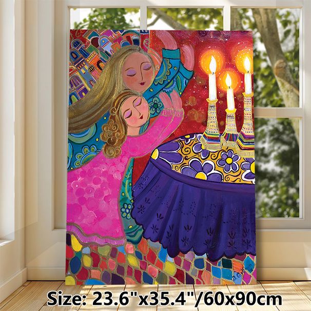 Two Embracing Female Figures With Lit Candles Painting Poster, Vibrant Whimsical Folk Art Style Poster, Rich Textured Colorful Decorative Piece, Ideal_maomaolike.com