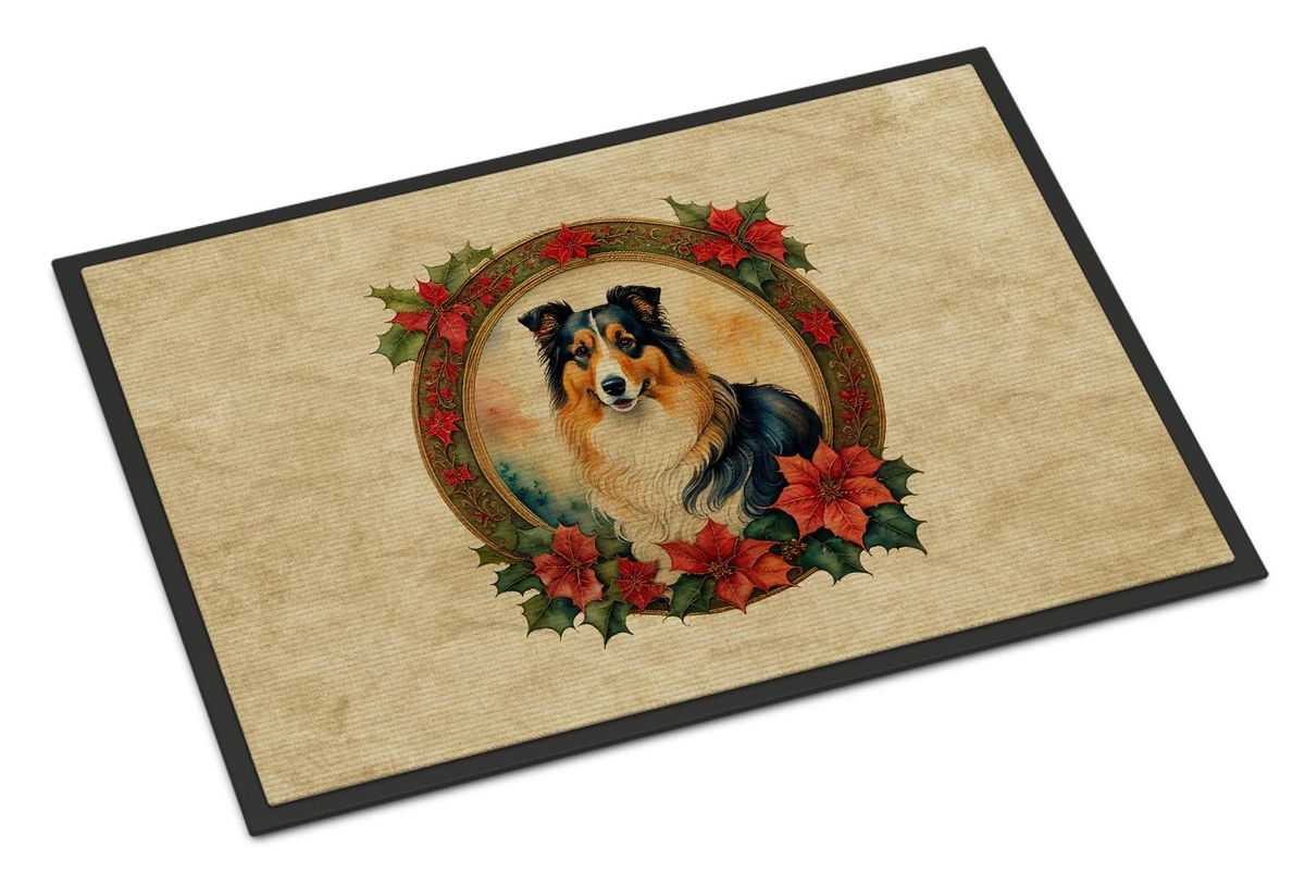 Collie Christmas Flowers Doormat Front Door Mat Indoor Outdoor Rugs For Entryway, Non Slip Washable Low Pile, 24H X 36W_maomaolike.com