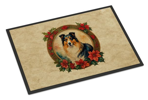 Collie Christmas Flowers Doormat Front Door Mat Indoor Outdoor Rugs For Entryway, Non Slip Washable Low Pile, 24H X 36W_maomaolike.com