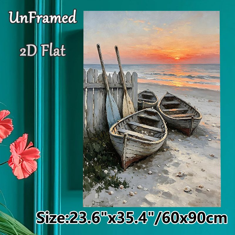 Sunset Beach Fishing Boat Painting Poster, Vintage Textured Coastal Scene Poster, Tranquil Seaside Artwork Suitable For Living Room, Bedroom And_maomaolike.com