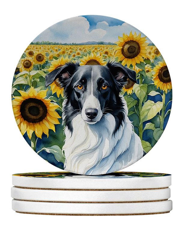 Borzoi In Sunflowers Large Sandstone Coasters Pack Of 4 Absorbent Round Coasters Decor Gifts For Men Or Women, 4 In, Multicolor_maomaolike.com