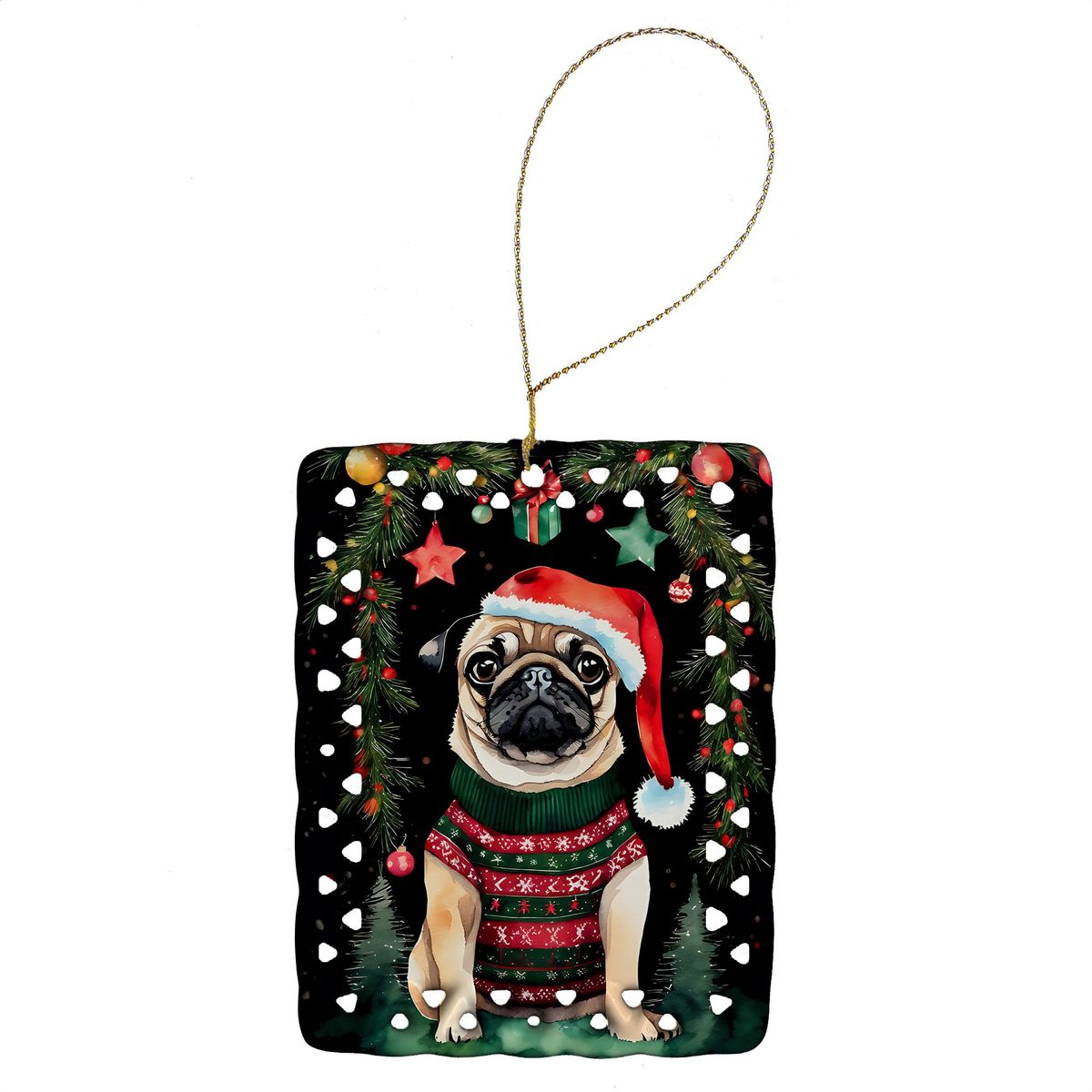 Pug Christmas Porcelain Ornament Christmas Tree Hanging Decorations For Home Christmas Holiday, Rectangle, Gift, Multicolor_maomaolike.com