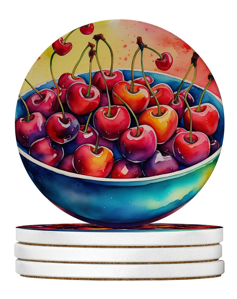 Colorful Cherries Large Sandstone Coasters Pack Of 4 Absorbent Round Coasters Decor Gifts For Men Or Women, 4 In, Multicolor_maomaolike.com