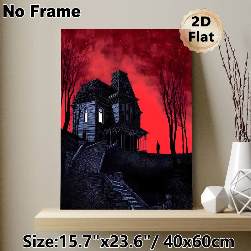 Haunted Mansion Painting Poster, Eerie Dark Gothic Style Poster, Spooky Old Mansion With Crimson Sky And Shadowy Figure, Ideal For Home Wall Decor And_maomaolike.com