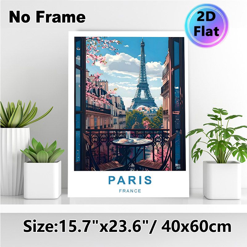 Paris Eiffel Tower Themed Painting Poster, Vibrant Stylized Parisian Balcony Scene With Cherry Blossoms Poster, Elegant Urban Decor Idea For Living_maomaolike.com