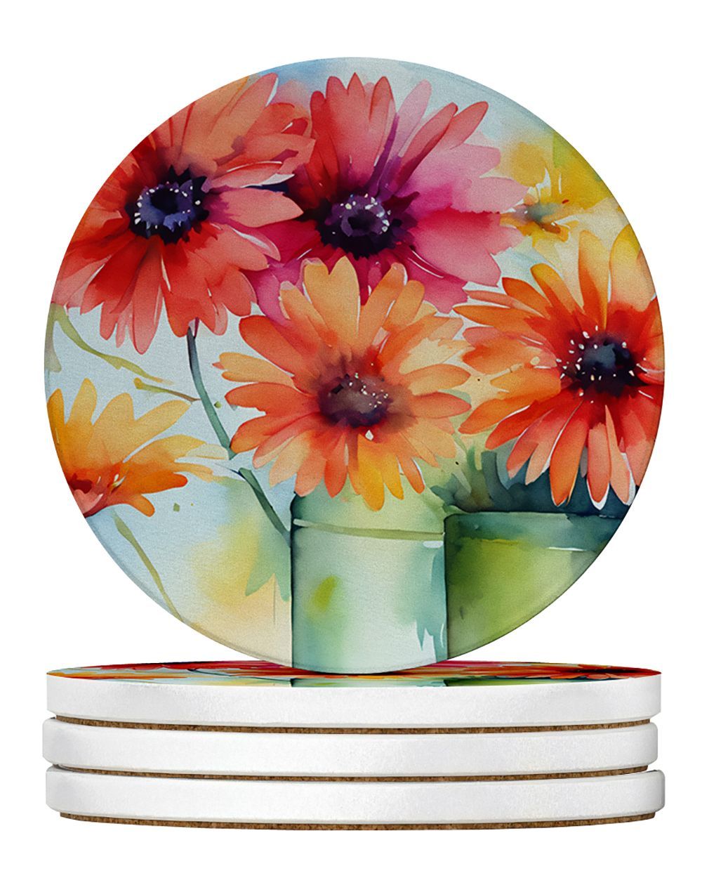 Gerbera Daisies In Watercolor Large Sandstone Coasters Pack Of 4 Absorbent Round Coasters Decor Gifts For Men Or Women, 4 In, Multicolor_maomaolike.com
