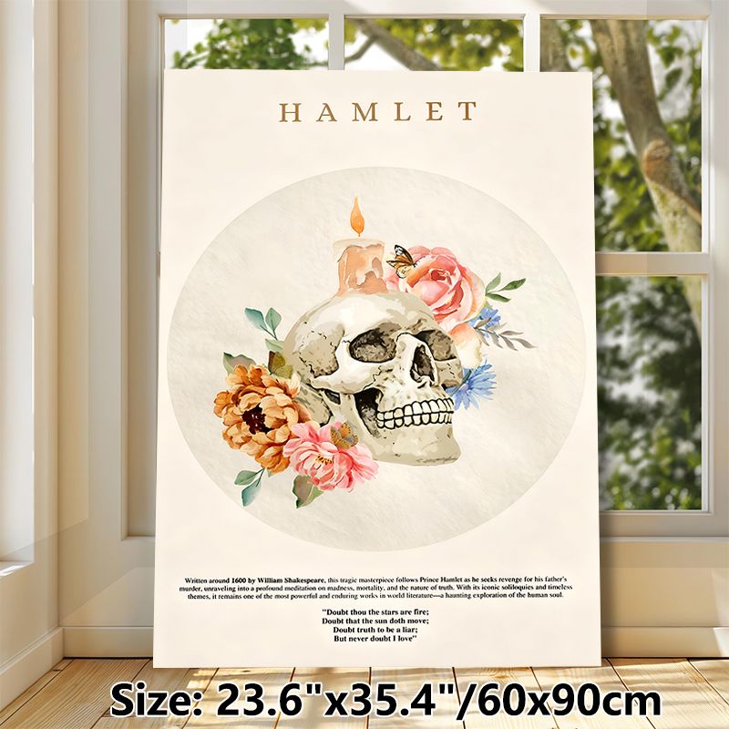 Hamlet Themed Painting Poster, Soft Watercolor Skull & Floral Decorative Poster, With Classic Literary Quotes, Ideal For Home Study And_maomaolike.com