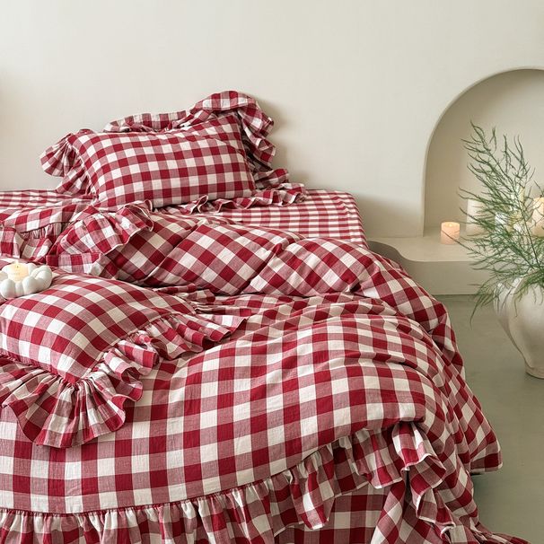 Wholesale INS French Retro Plaid Ruffle Lace Pure Four-Piece Princess Style Full Cotton Double Layer Gauze 4-Piece Set_maomaolike.com