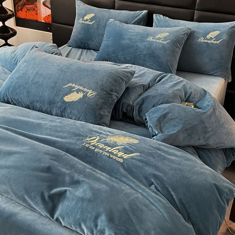 Winter New High-End Crystal Solid Color Embroidery Four-Piece Coral Fleece Three-Piece Set Milk Velvet Bed Sheet Duvet Cover_maomaolike.com