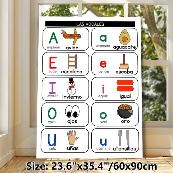 Spanish-English Vowel Learning Painting Poster, Vibrant Cartoon Bilingual Vocabulary Poster, Aids Spanish & English Vowel Study, Suitable For Language_maomaolike.com