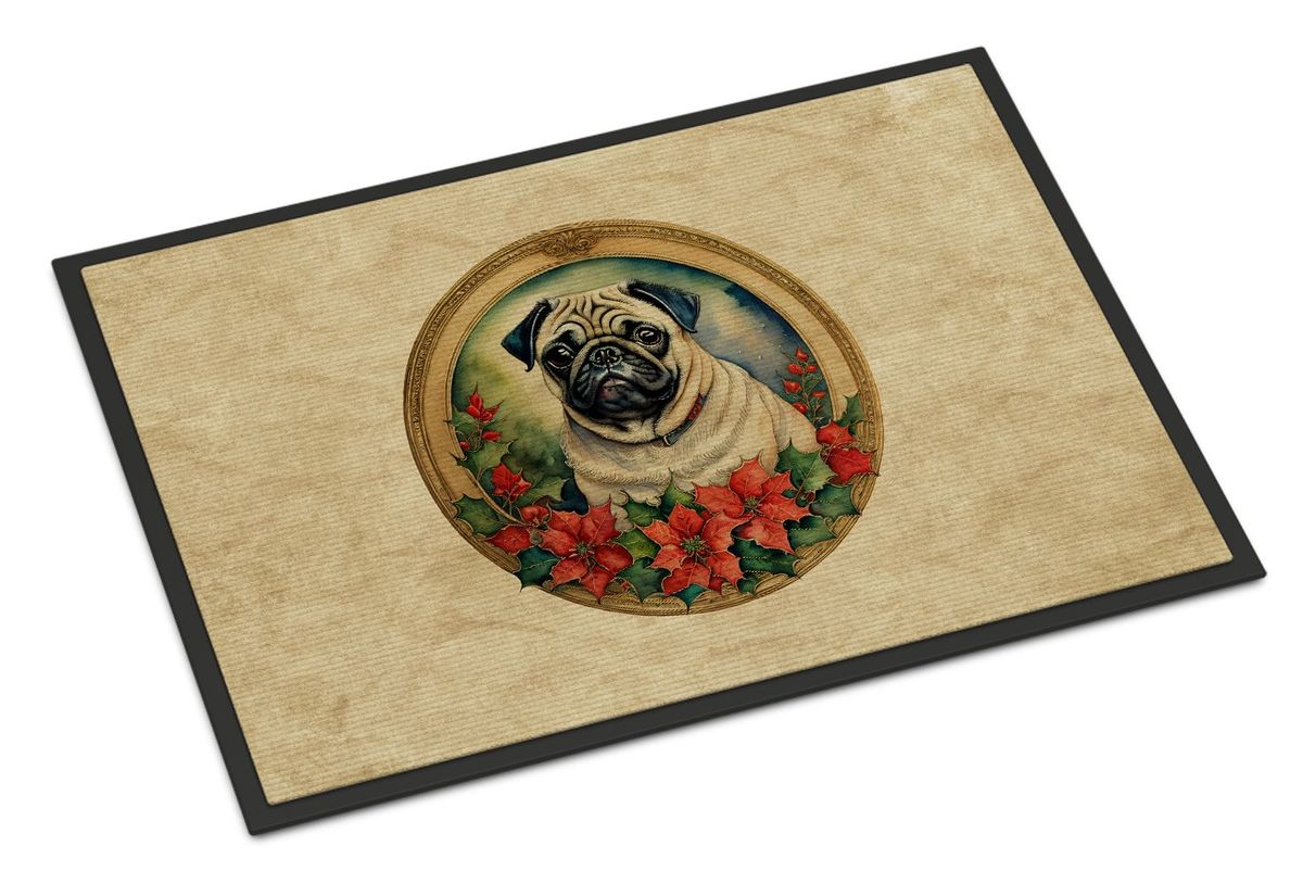 Pug Christmas Flowers Doormat Front Door Mat Indoor Outdoor Rugs For Entryway, Non Slip Washable Low Pile, 24H X 36W_maomaolike.com