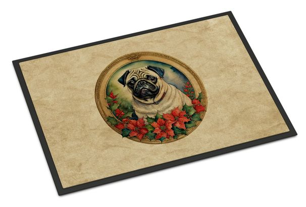 Pug Christmas Flowers Doormat Front Door Mat Indoor Outdoor Rugs For Entryway, Non Slip Washable Low Pile, 24H X 36W_maomaolike.com