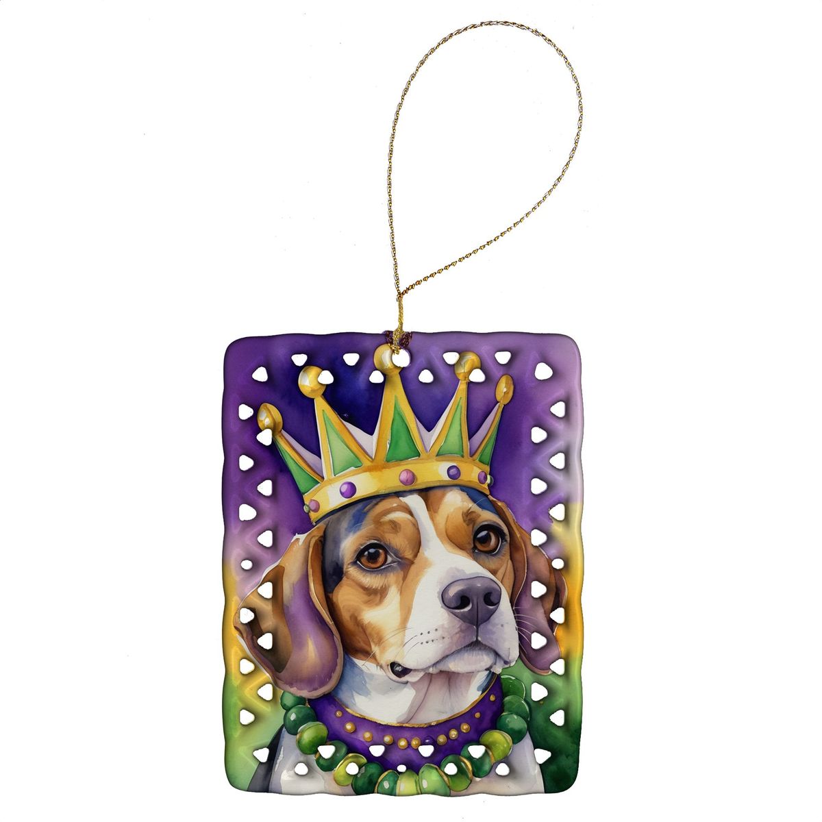 Beagle King Of Mardi Gras Porcelain Ornament Christmas Tree Hanging Decorations For Home Christmas Holiday, Rectangle, Gift, Multicolor_maomaolike.com