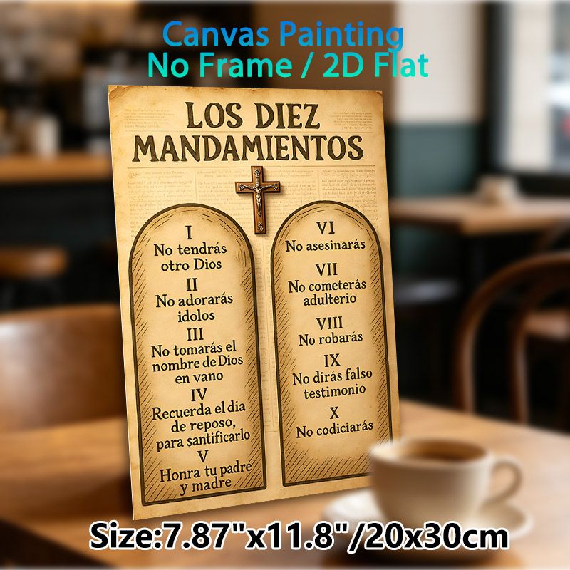 Spanish Ten Commandments Painting Poster, Vintage Parchment-style Poster With Crucifix, Inspirational Religious Decor Ideal For Home, Church, Prayer_maomaolike.com