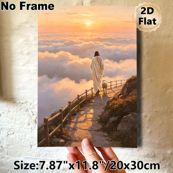 Jesus With Lamb Spiritual Painting Poster, Warm-toned Oil Painting Style Poster, Serene Sunset Scene With Jesus And Lamb Above Clouds, Peaceful_maomaolike.com