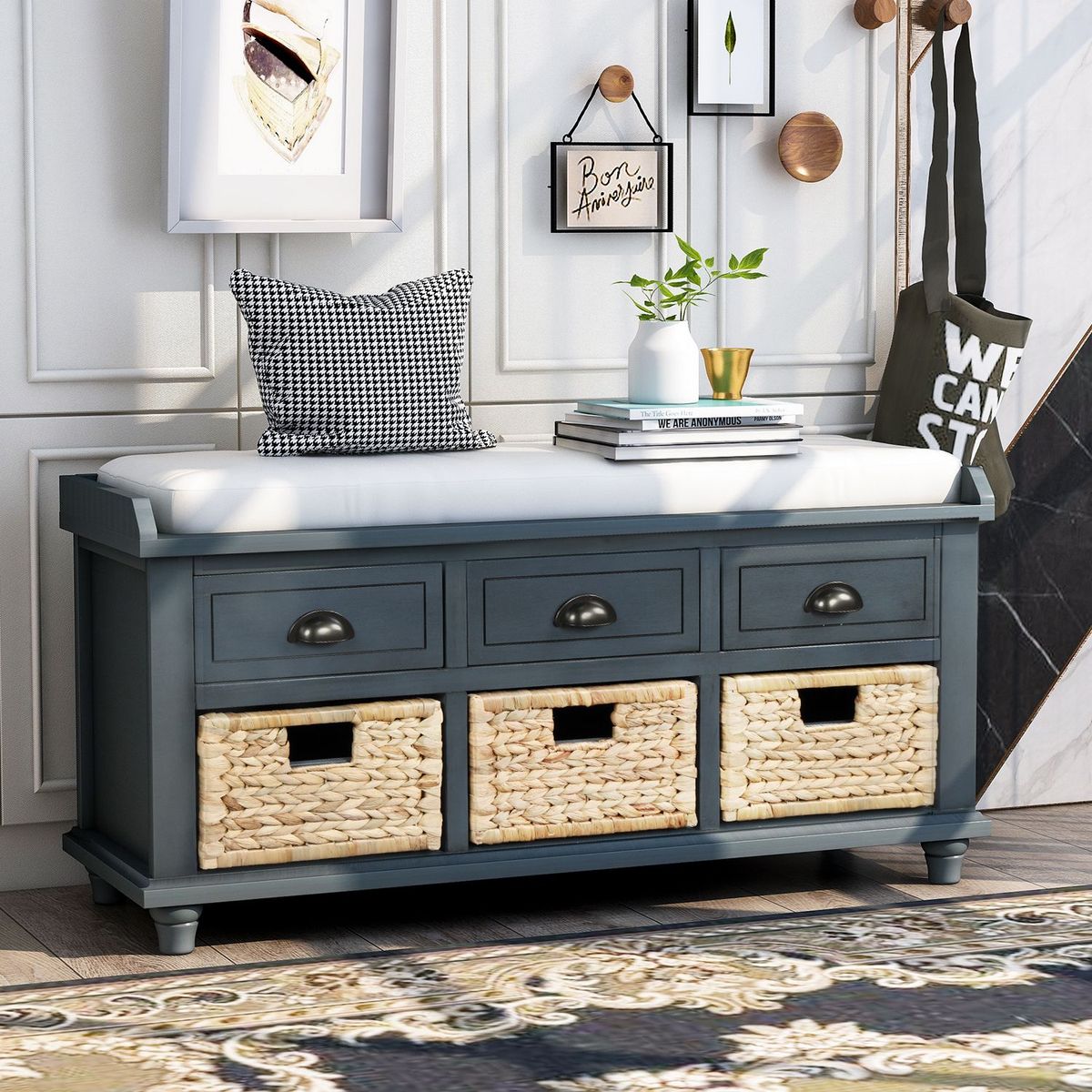 Rustic Storage Bench With 3 Drawers And 3 Rattan Baskets,Shoe Bench For Living Room,Entryway_maomaolike.com