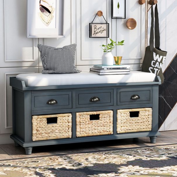 Rustic Storage Bench With 3 Drawers And 3 Rattan Baskets,Shoe Bench For Living Room,Entryway_maomaolike.com