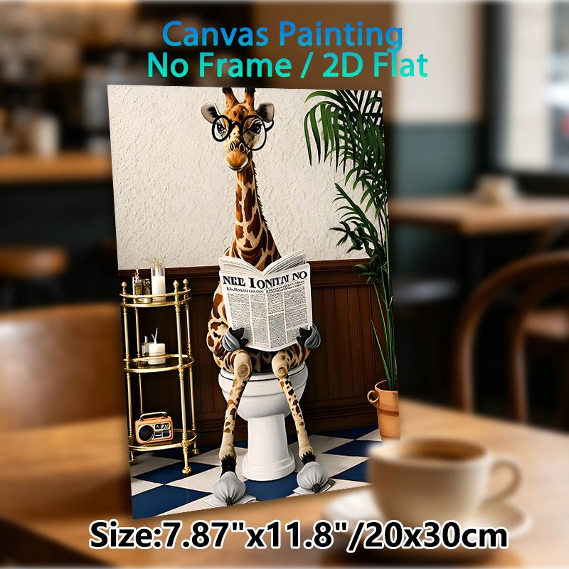 Funny Giraffe Painting Poster, Whimsical Cartoon Style Poster, Playful Bespectacled Giraffe-on-toilet Reading Newspaper Design, Brings Lighthearted_maomaolike.com