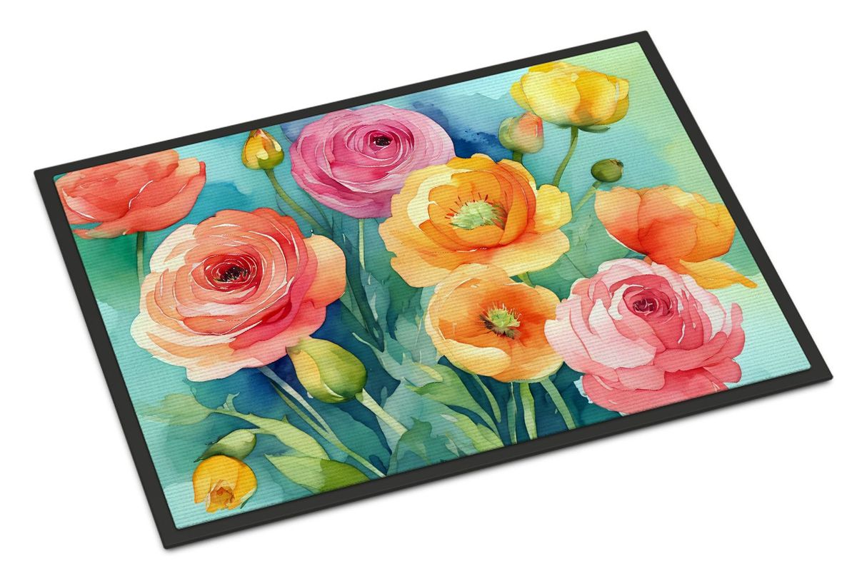 Ranunculus In Watercolor Doormat Front Door Mat Indoor Outdoor Rugs For Entryway, Non Slip Washable Low Pile, 24H X 36W_maomaolike.com