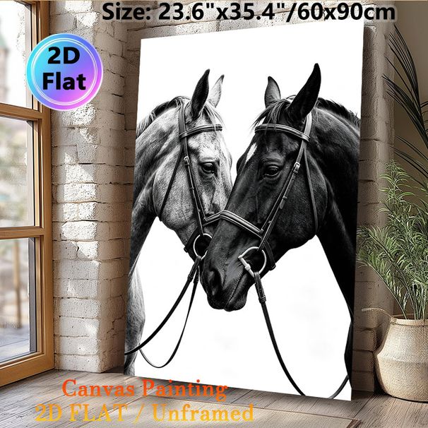 Two Horses Painting Poster, Monochrome Realistic Close-up Affectionate Horses Poster, Elegant Minimalist Decor Ideal For Living Room, Bedroom_maomaolike.com