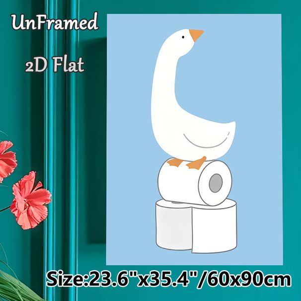 Goose & Toilet Paper Themed Painting Poster, Cute Cartoon Style Poster, Playful White Goose Perched On Toilet Rolls Design, Ideal Lighthearted Decor_maomaolike.com
