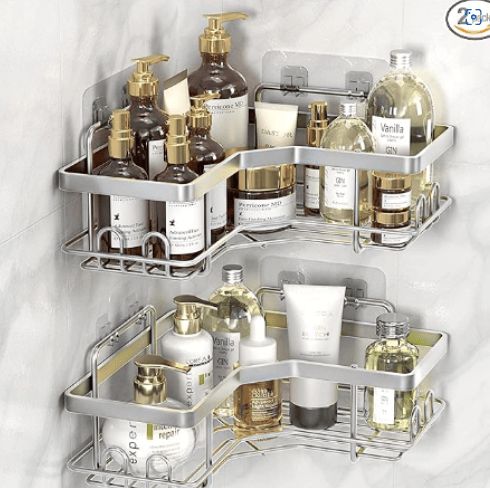 Strong Adhesive Shower Organizer Shelf With 8 Hooks.Waterproof, Rustproof Wall-mounted Shower Shelves For Bathroom,dorm And Kitchen .No Drilling (Matte Silver)_maomaolike.com