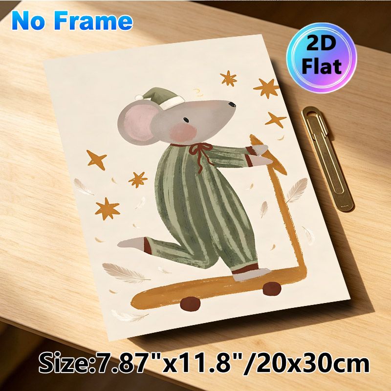 Sleepy Mouse Painting Poster, Warm-toned Cute Hand-drawn Poster, Whimsical Night-themed Design With Mouse In Striped Nightwear Riding Scooter, Ideal_maomaolike.com