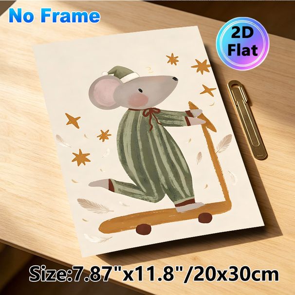 Sleepy Mouse Painting Poster, Warm-toned Cute Hand-drawn Poster, Whimsical Night-themed Design With Mouse In Striped Nightwear Riding Scooter, Ideal_maomaolike.com