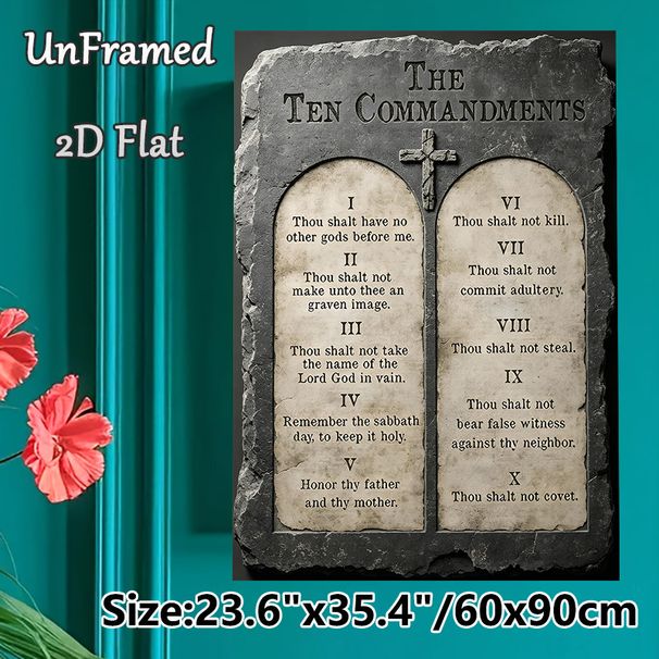Ten Commandments Painting Poster, Vintage Stone-textured Religious Poster, Features Classic Ten Commandments Content, Suitable For Church, Home Prayer_maomaolike.com