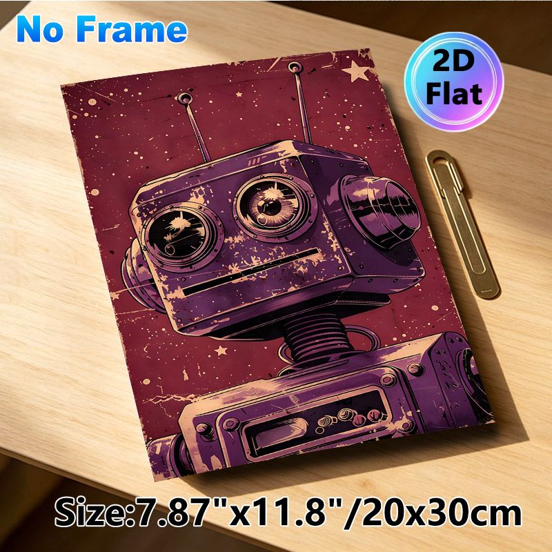 Vintage Robot Painting Poster, Retro Distressed Purple Robot Art Poster, Nostalgic Industrial-style Decor Suitable For Home Office, Game Room_maomaolike.com