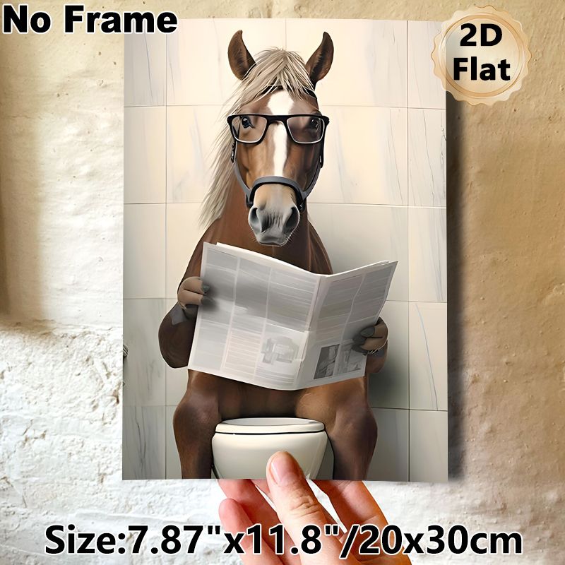 Funny Horse On Toilet Painting Poster, Whimsical Cartoon-style Poster, Humorous Quirky Design With Horse Wearing Glasses Reading Newspaper, Ideal For_maomaolike.com