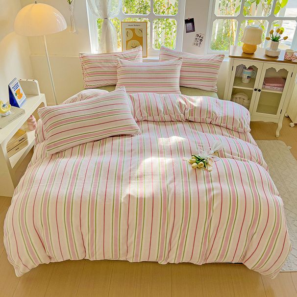 Wholesale INS Style Simple Striped Milk Velvet Autumn Winter Double-Sided Coral Fleece Warm Flannel Four-Piece Set_maomaolike.com