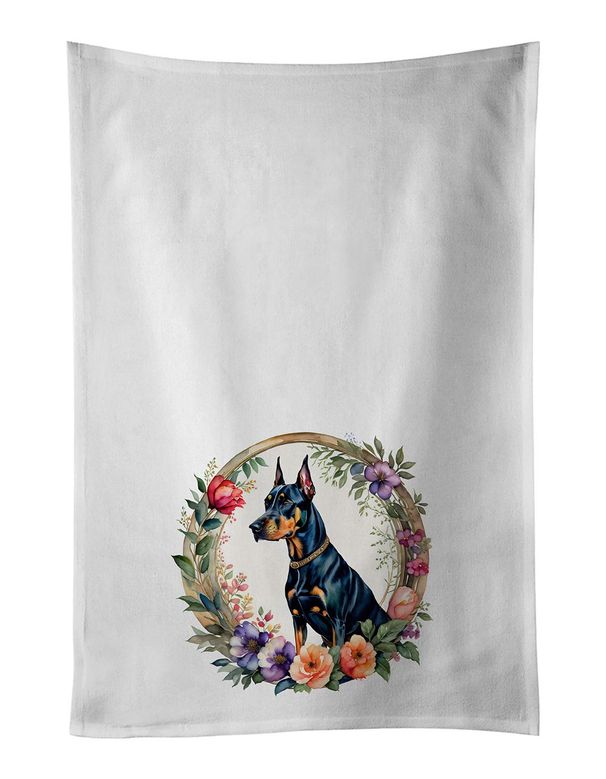 Doberman Pinscher And Flowers Kitchen Towel Set Of 2 White Dish Towels Decorative Bathroom Hand Towel For Hand, Face, Hair, Yoga, Tea, Dishcloth, 19 X 28", White_maomaolike.com