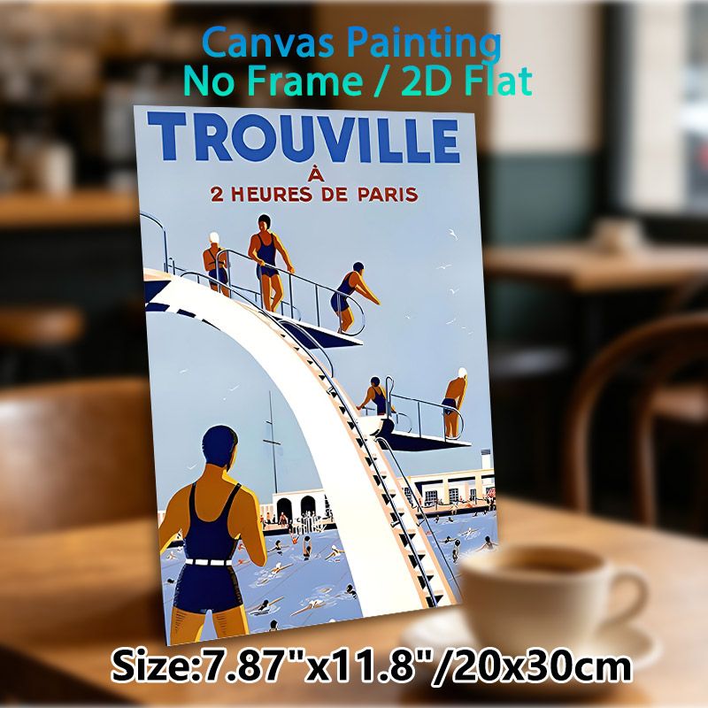 Trouville Retro Pool & Water Slide Painting Poster, Vintage Travel Style Poster, Nostalgic Seaside Leisure Decor Idea For Living Room, Coastal Spaces_maomaolike.com