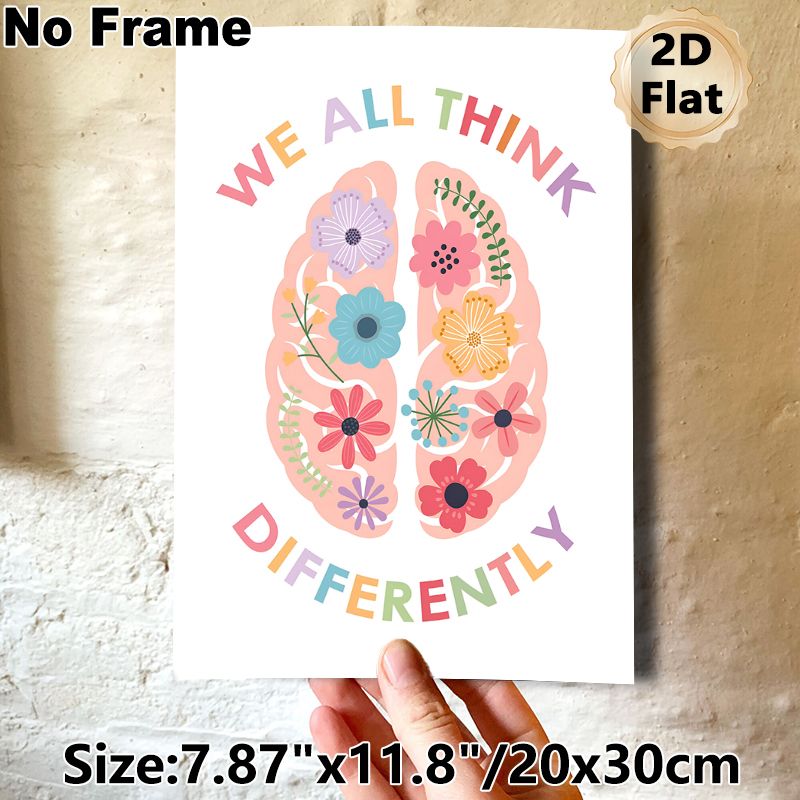 Floral Brain "We All Think Differently" Painting Poster, Pastel-toned Whimsical Flower-filled Brain Art Poster, Promotes Inclusive Positive Mindset_maomaolike.com