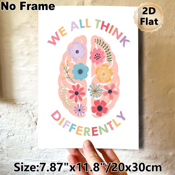 Floral Brain "We All Think Differently" Painting Poster, Pastel-toned Whimsical Flower-filled Brain Art Poster, Promotes Inclusive Positive Mindset_maomaolike.com