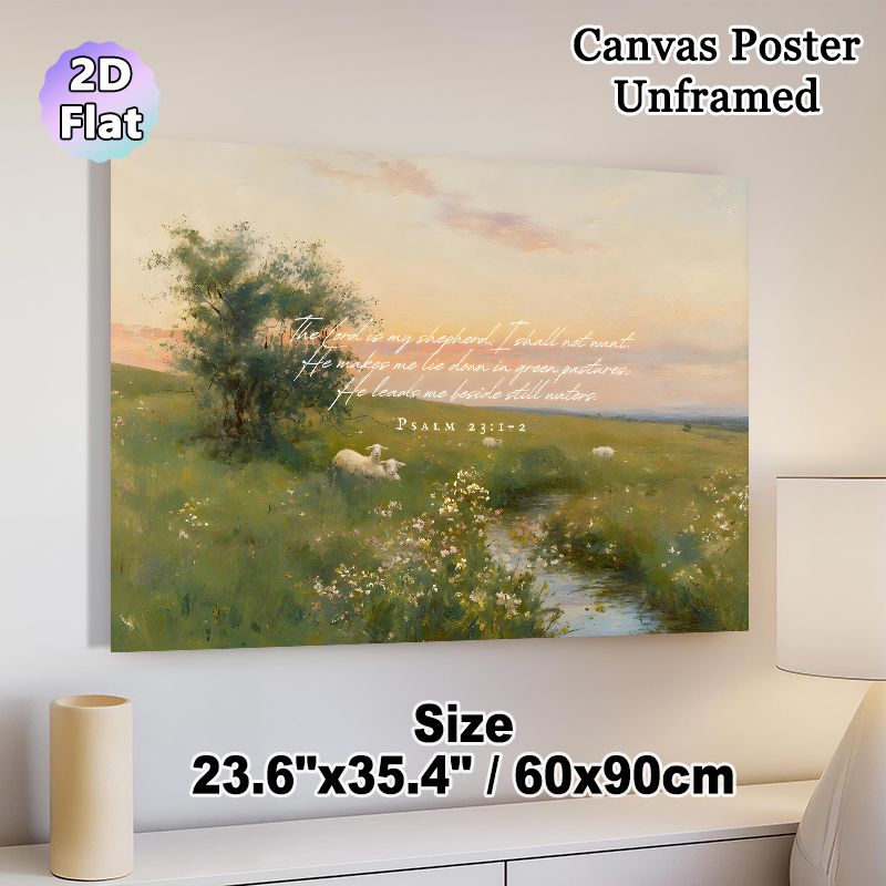 Psalm 23 Scripture Pastoral Painting Poster, Soft-toned Idyllic Landscape With Sheep, Stream And Wildflowers Poster, Serene Religious-themed Decor For_maomaolike.com