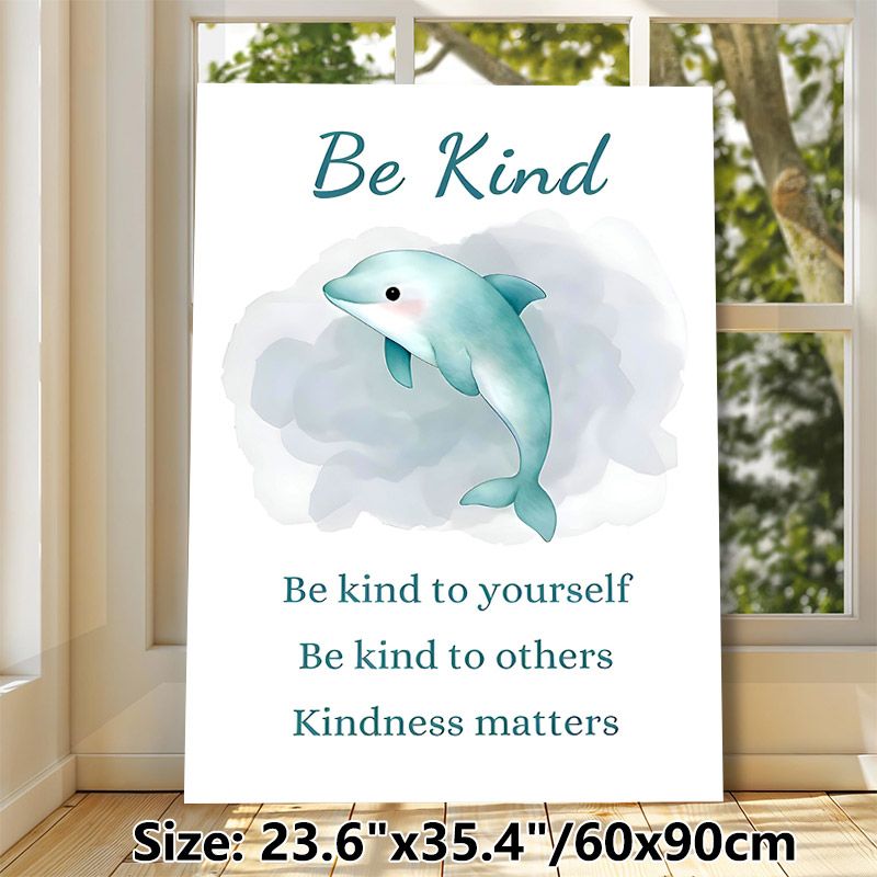 Kindness Dolphin Themed Painting Poster, Soft Watercolor Cute Dolphin Poster, Warm Kind-themed Quotes To Spread Positive Vibes, Ideal For Living Room_maomaolike.com