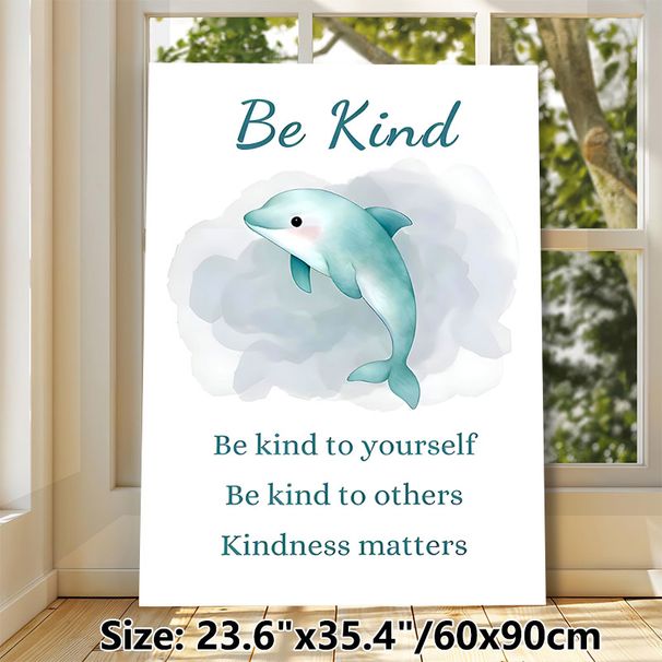 Kindness Dolphin Themed Painting Poster, Soft Watercolor Cute Dolphin Poster, Warm Kind-themed Quotes To Spread Positive Vibes, Ideal For Living Room_maomaolike.com