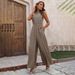 Women's clothing elastic waist high collar halter neck sleeveless floral wide-leg casual pants jumpsuit_maomaolike.com