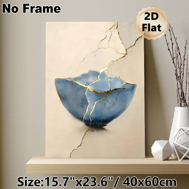 Kintsugi Themed Painting Poster, Elegant Blue Cracked Bowl With Gilded Repair Lines Poster, Artistic Depiction Of Resilience, Suitable For Living_maomaolike.com