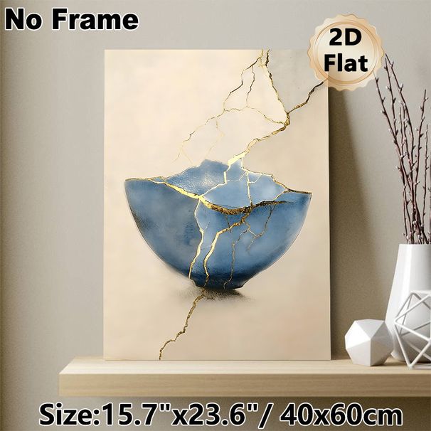 Kintsugi Themed Painting Poster, Elegant Blue Cracked Bowl With Gilded Repair Lines Poster, Artistic Depiction Of Resilience, Suitable For Living_maomaolike.com