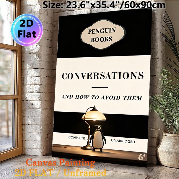 Literary Penguin & Desk Lamp Painting Poster, Vintage Black & Cream Typographic Poster, Stylish Book-inspired Decor Ideal For Home Office, Reading_maomaolike.com