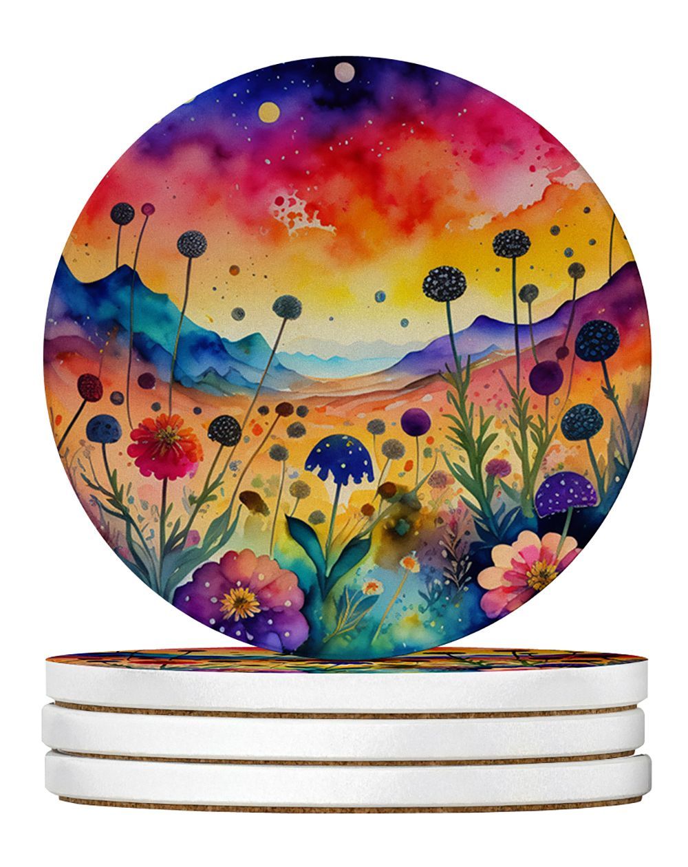 Colorful Scabiosa Large Sandstone Coasters Pack Of 4 Absorbent Round Coasters Decor Gifts For Men Or Women, 4 In, Multicolor_maomaolike.com