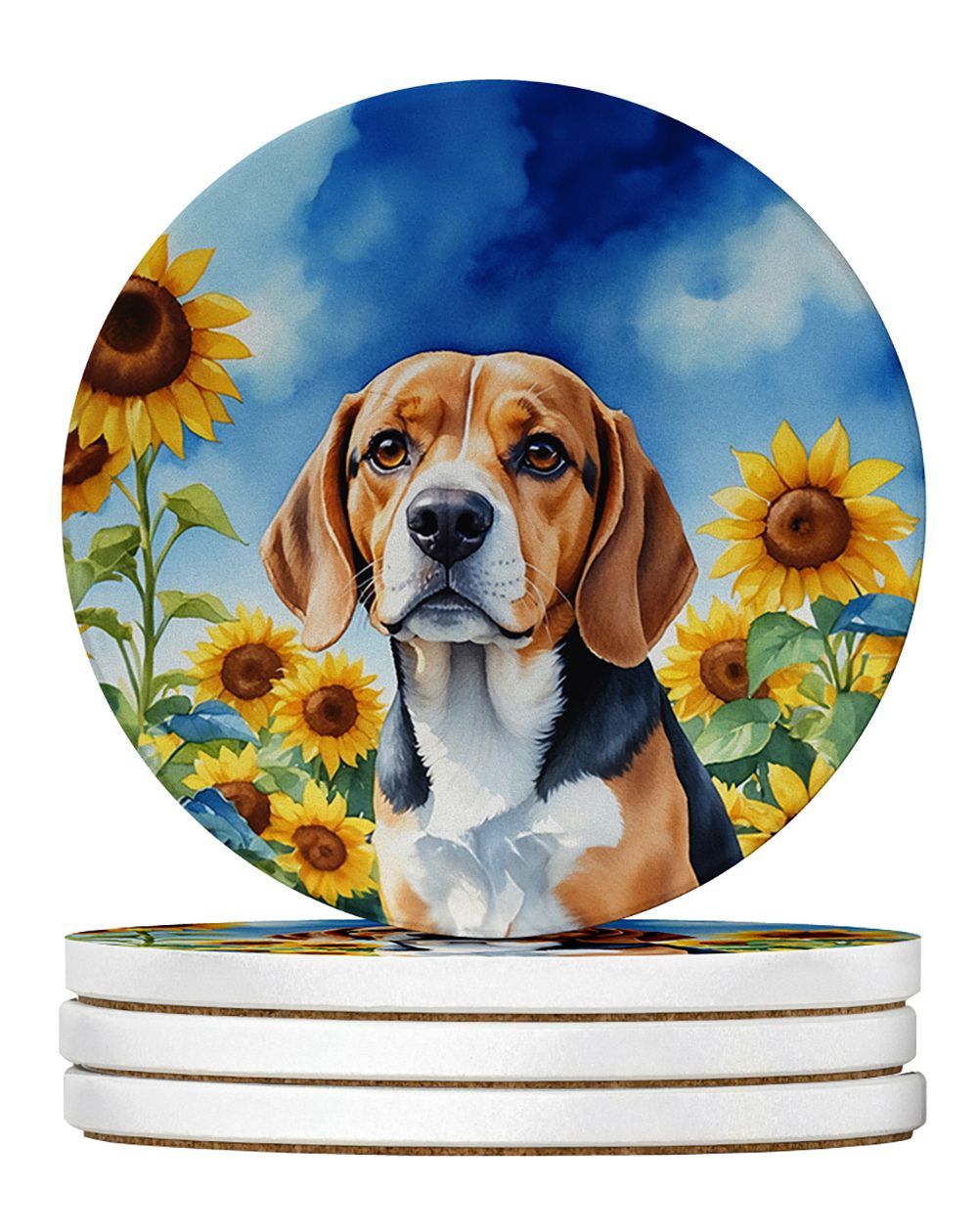 Beagle In Sunflowers Large Sandstone Coasters Pack Of 4 Absorbent Round Coasters Decor Gifts For Men Or Women, 4 In, Multicolor_maomaolike.com