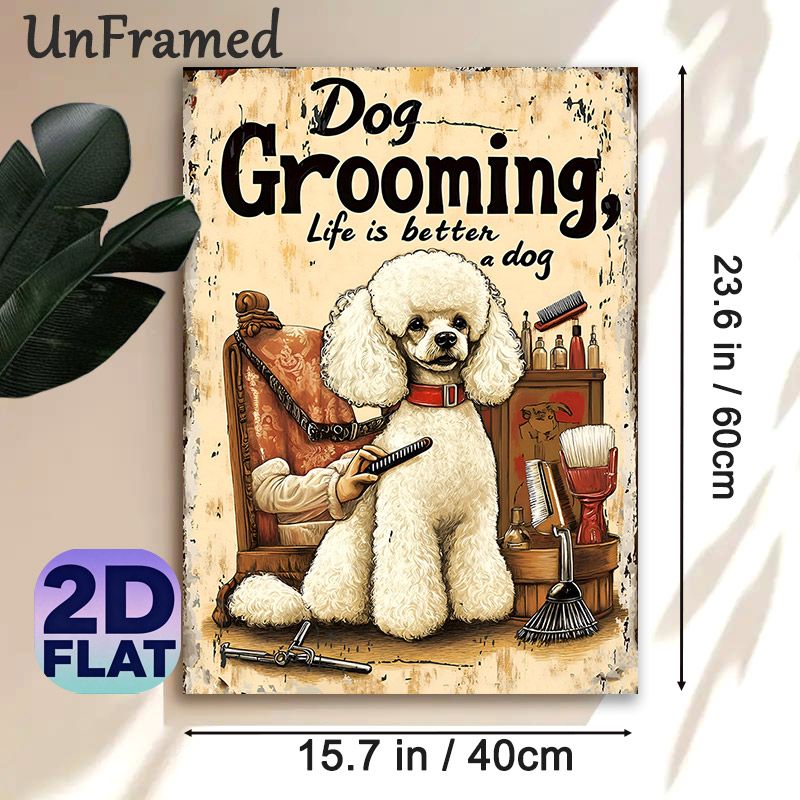 Dog Grooming Painting Poster, Vintage Retro Cute Poodle With Grooming Tools Poster, Charming Decorative Piece Ideal For Pet Grooming Salons, Home_maomaolike.com